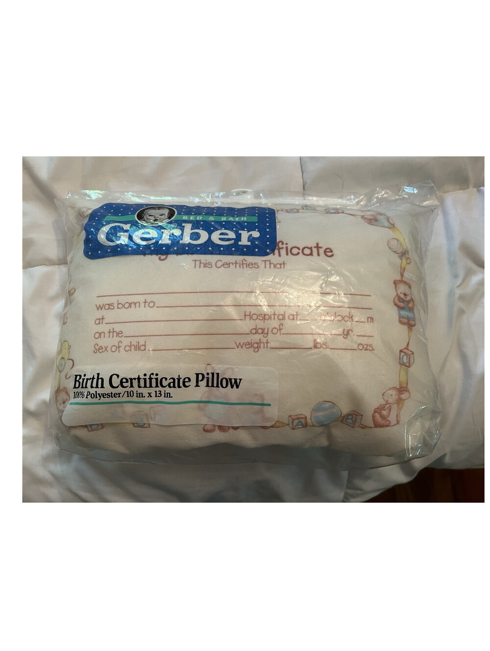 NEW 1980-1990’s Vintage Gerber Birth Certificate Pillow White 10 x 13 in